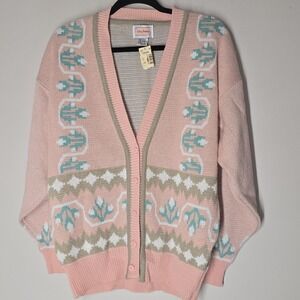 Vtg Gina Peters Cardigan Sweater Pink Crochet Floral Oversize Cottage Granny S